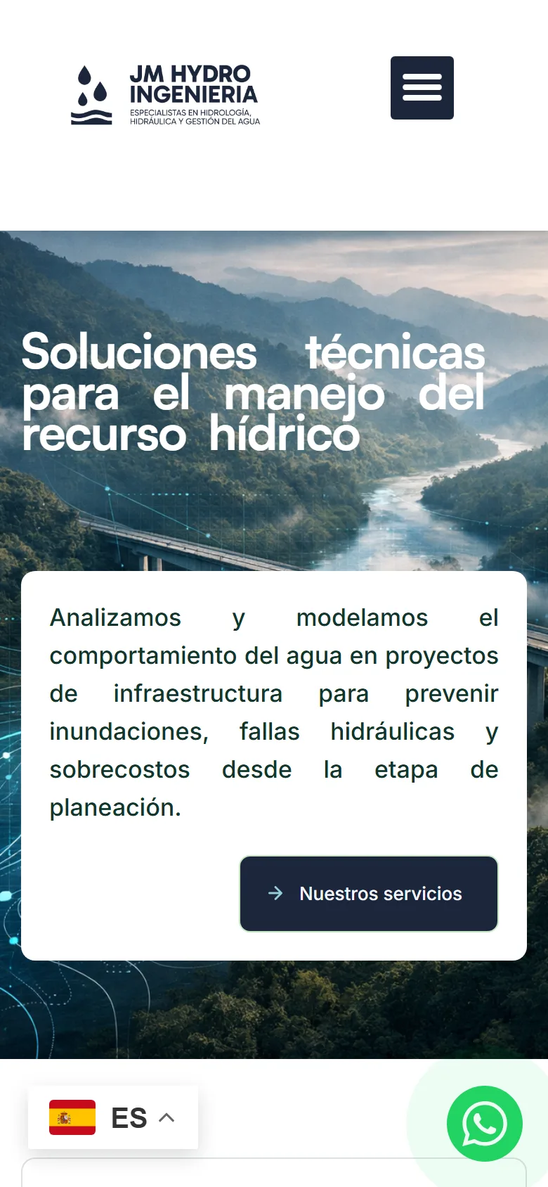 The JM Hydro Ingeniería website on a phone.