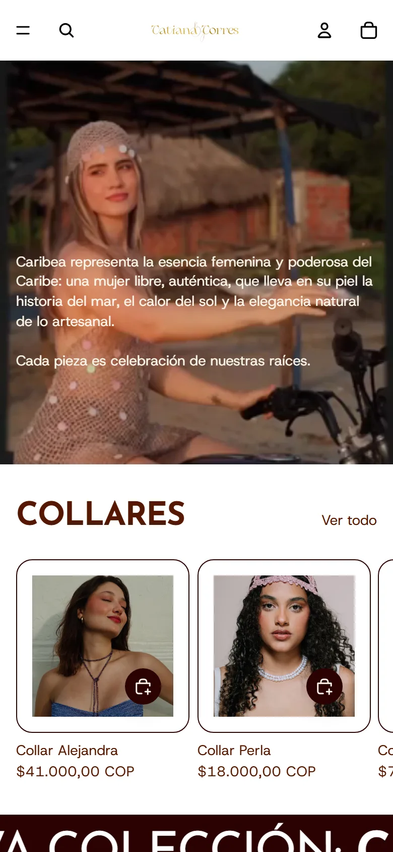 The By Tatiana Torres store on a phone, with the pieces and the cart within reach.