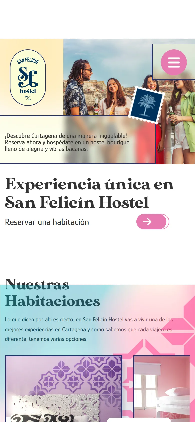 The San Felicín Hostel website on a phone, showing the rooms and booking.