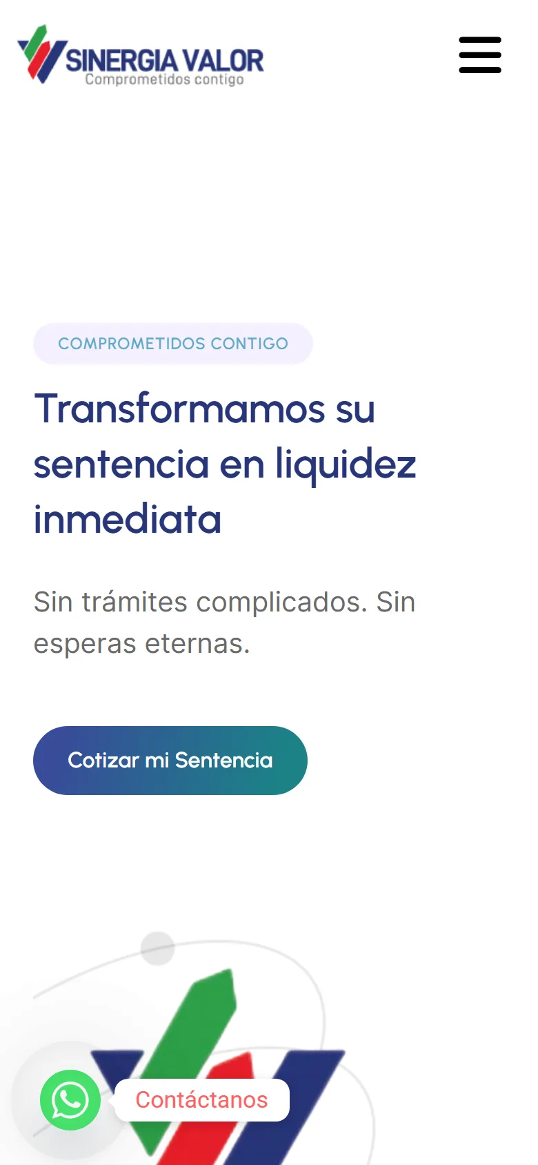 The Sinergia Valor website on a phone, with the headline and the quote button.