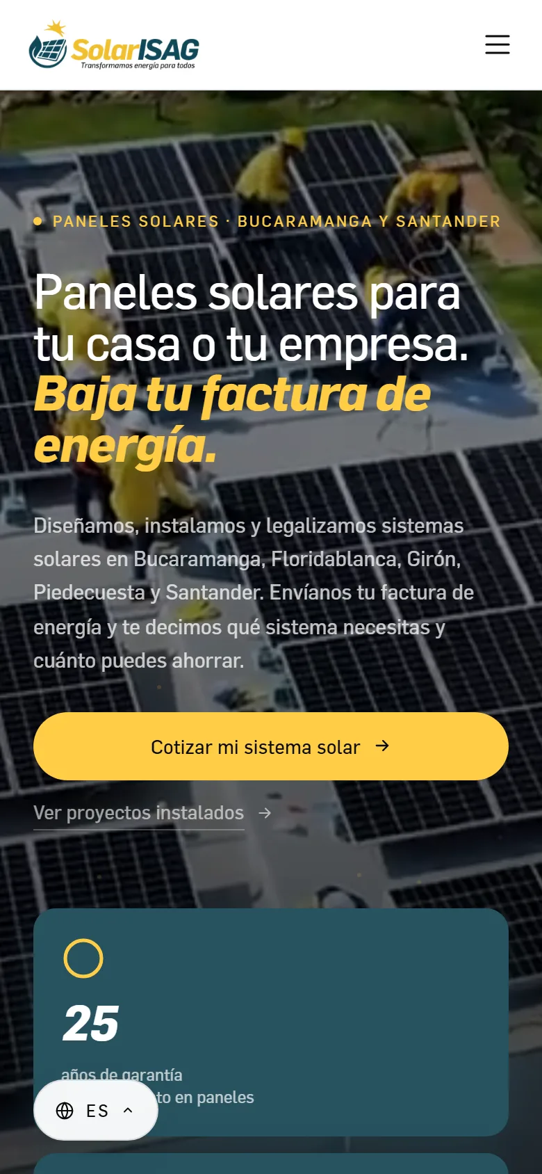 The Solar ISAG website on a phone, with the headline and the button to get a quote for a solar system.