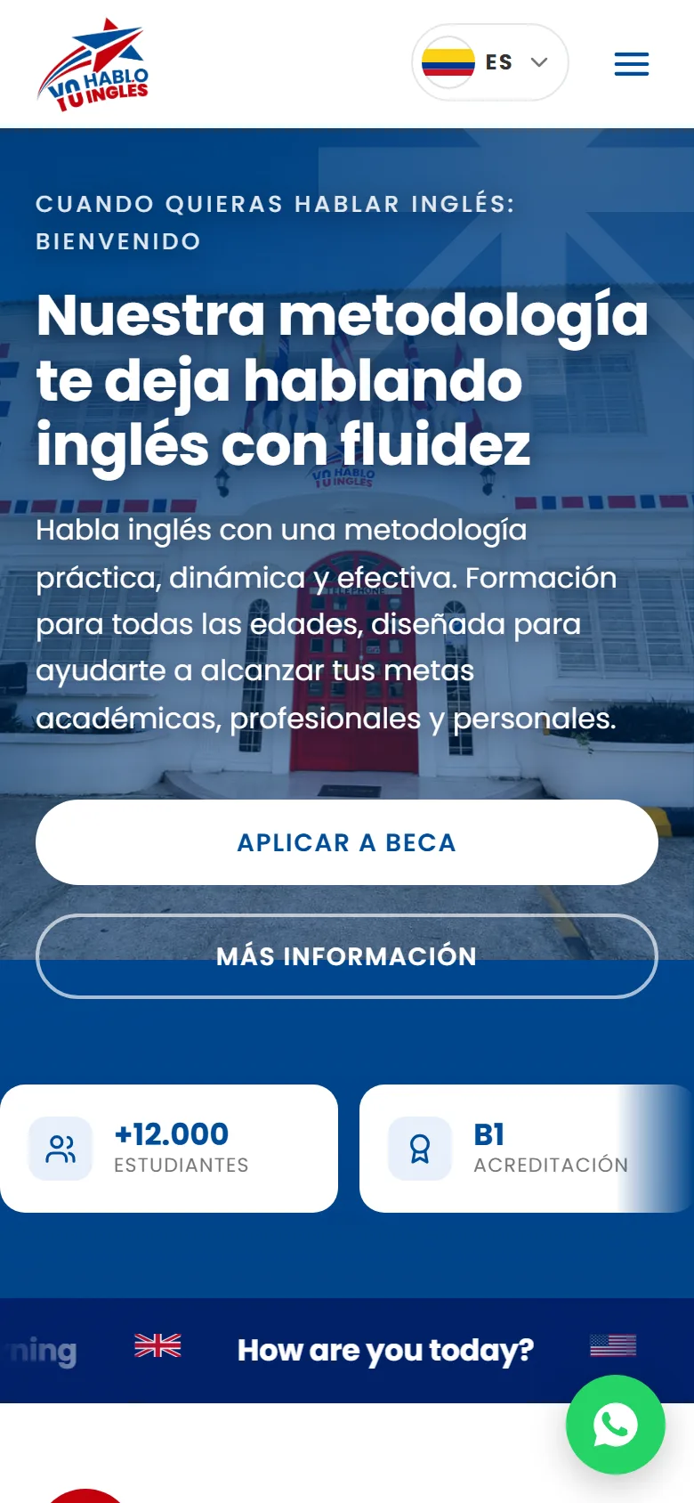 The Yo Hablo Inglés website on a phone, showing the method and the scholarship entry.